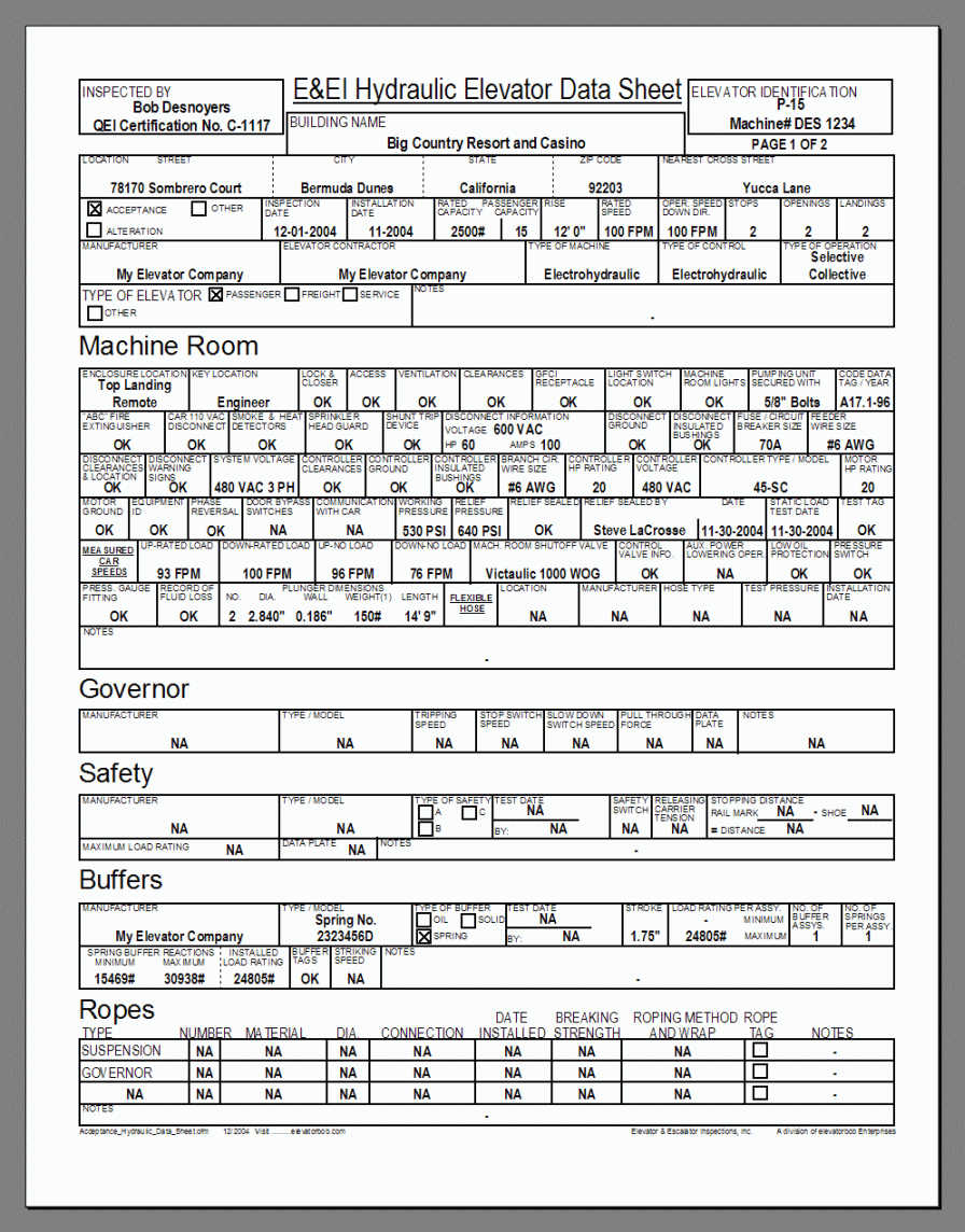  Page one of hydraulic data sheet 